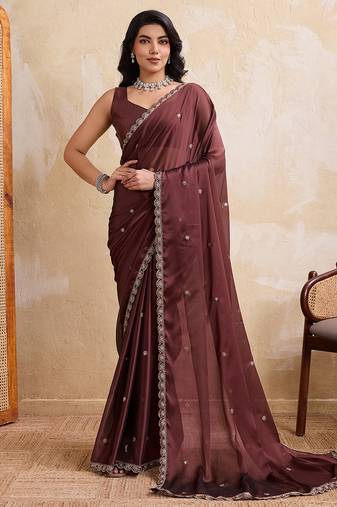 Brown color silk party wear saree with plain blouse piece