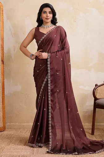 Brown color silk party wear saree with plain blouse piece