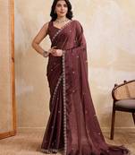 Brown color silk party wear saree with plain blouse piece