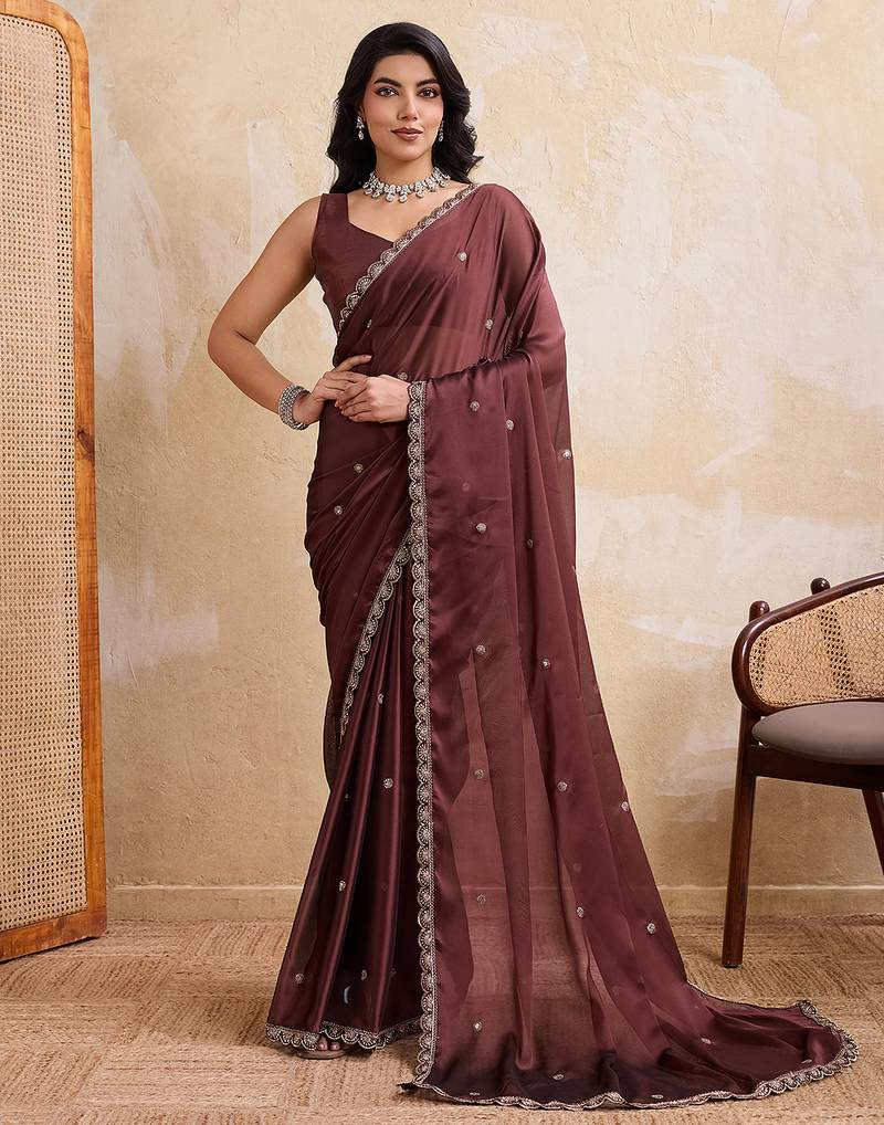 Brown color silk party wear saree with plain blouse piece