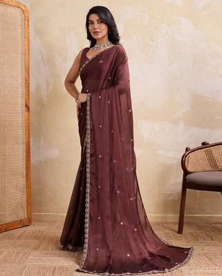Brown color silk party wear saree with plain blouse piece 2