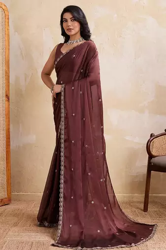 Brown color silk party wear saree with plain blouse piece