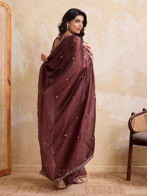 Brown color silk party wear saree with plain blouse piece 3
