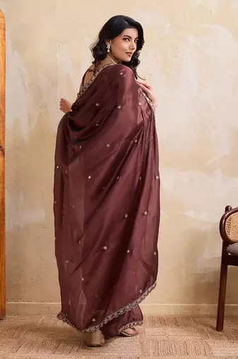 Brown color silk party wear saree with plain blouse piece