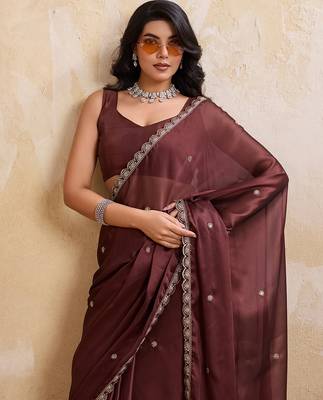 Brown color silk party wear saree with plain blouse piece 4