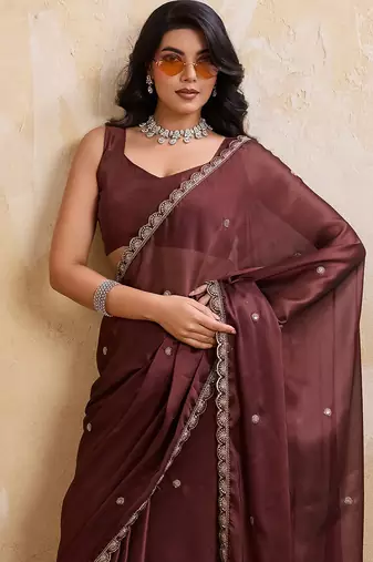 Brown color silk party wear saree with plain blouse piece