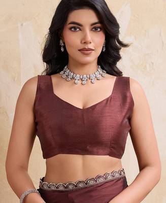Brown color silk party wear saree with plain blouse piece 5