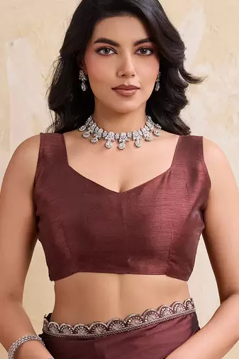 Brown color silk party wear saree with plain blouse piece