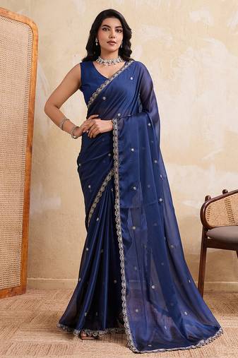 Navyblue color rangoli silk party wear saree with plain blouse piece