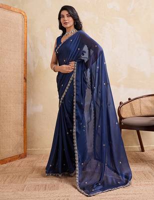 Navyblue color rangoli silk party wear saree with plain blouse piece 2