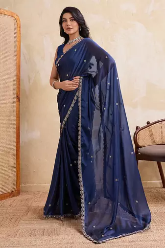 Navyblue color rangoli silk party wear saree with plain blouse piece