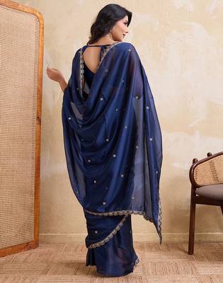 Navyblue color rangoli silk party wear saree with plain blouse piece 3