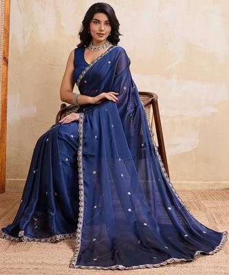 Navyblue color rangoli silk party wear saree with plain blouse piece 4
