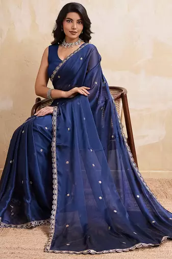 Navyblue color rangoli silk party wear saree with plain blouse piece