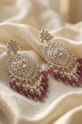   Gold Plated Traditional Kundan Pearl Chandbali Earrings For Wo  And Girls