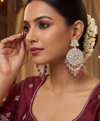   Gold Plated Traditional Kundan Pearl Chandbali Earrings For Wo  And Girls 2