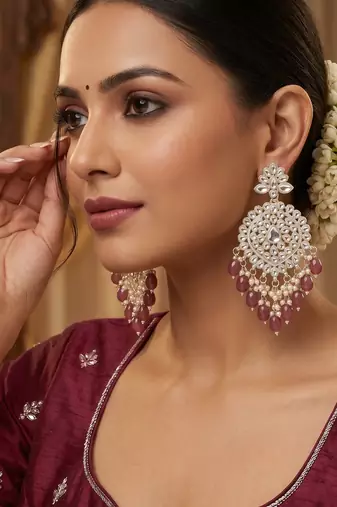   Gold Plated Traditional Kundan Pearl Chandbali Earrings For Wo  And Girls