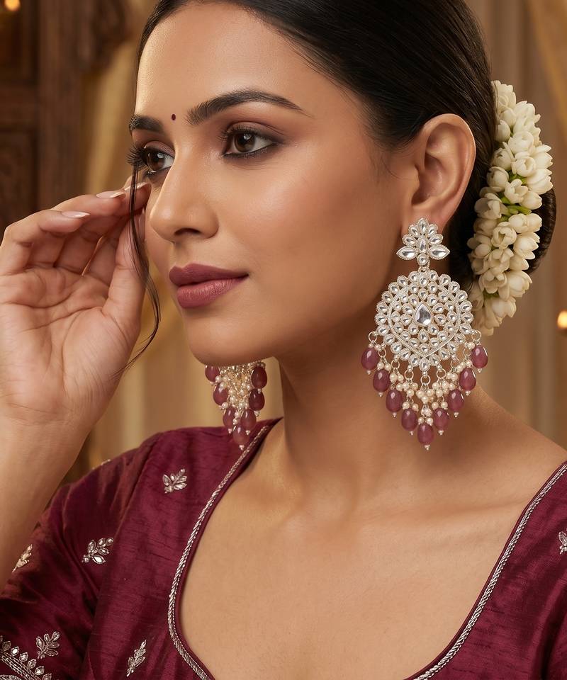   Gold Plated Traditional Kundan Pearl Chandbali Earrings For Wo  And Girls