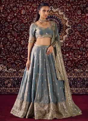Women's Blue Fandy silk blend Zari sequin Embroidery Work Lehenga Choli 4