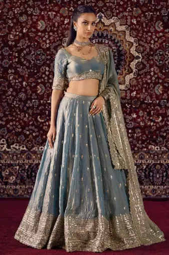 Women's Greyish Blue Fandy Silk Zari Sequence Embroidery Work Lehenga Choli