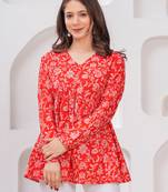 Red floral printed cotton tunic short kurti top for women