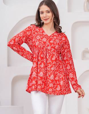 Red floral printed cotton tunic short kurti top for women 3