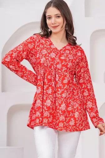 Red floral printed cotton tunic short kurti top for women