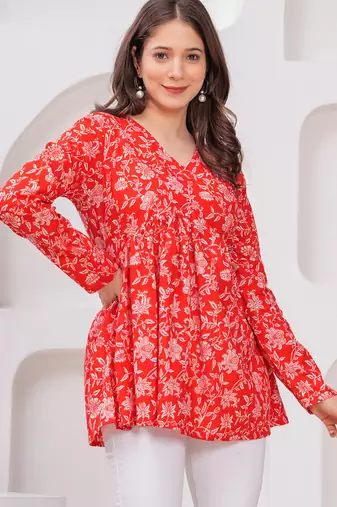 Red floral printed cotton tunic short kurti top for women