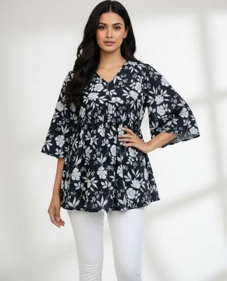 Black floral printed cotton tunic short kurti top for women 1