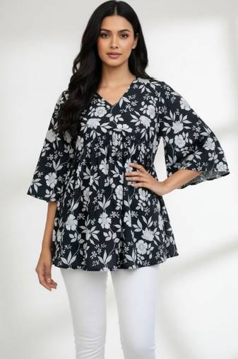 Black floral printed cotton tunic short kurti top for women