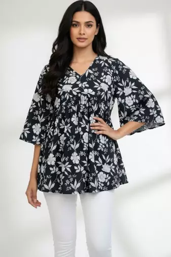 Black floral printed cotton tunic short kurti top for women