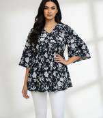 Black floral printed cotton tunic short kurti top for women