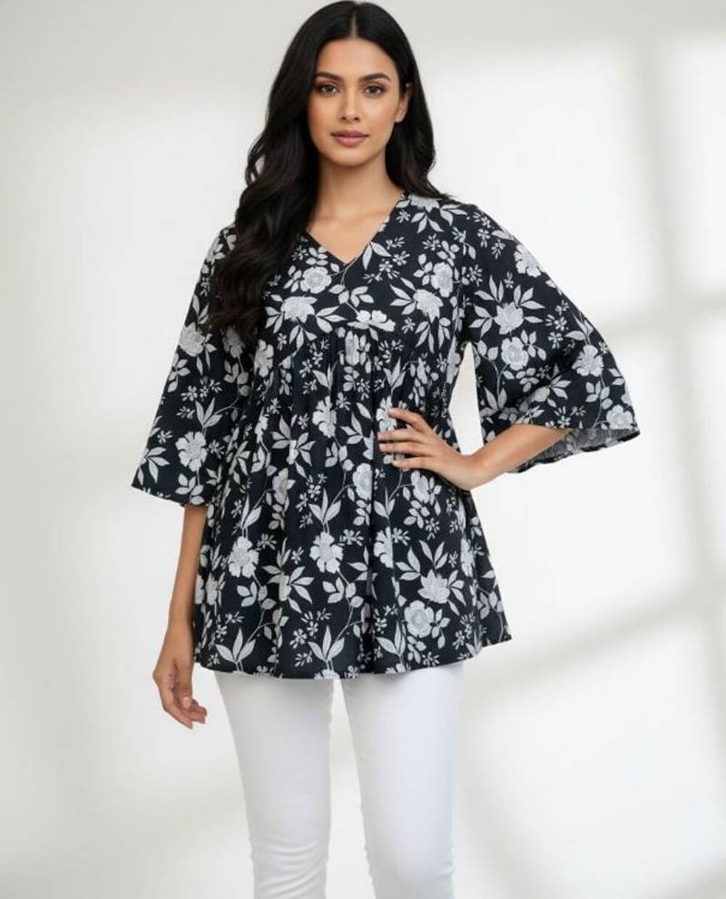 Black floral printed cotton tunic short kurti top for women