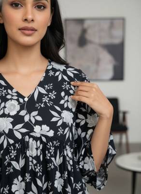 Black floral printed cotton tunic short kurti top for women 3