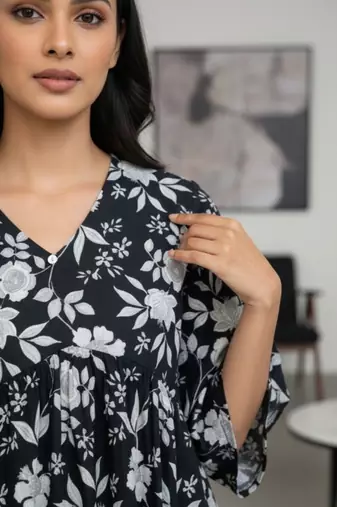 Black floral printed cotton tunic short kurti top for women