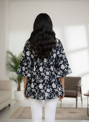 Black floral printed cotton tunic short kurti top for women 4