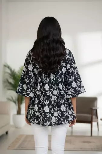 Black floral printed cotton tunic short kurti top for women