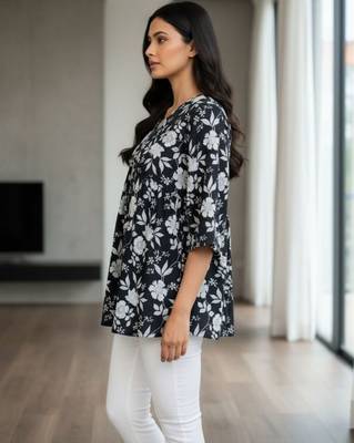 Black floral printed cotton tunic short kurti top for women 5
