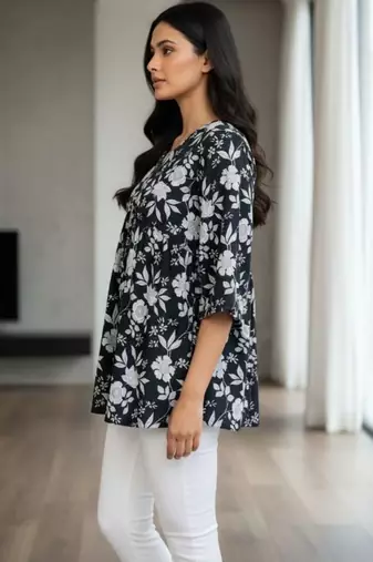 Black floral printed cotton tunic short kurti top for women