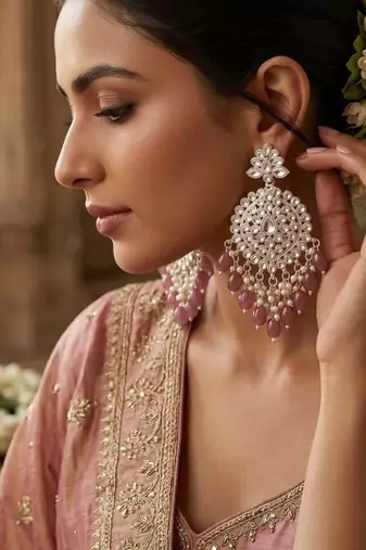   Gold Plated Traditional Kundan Pearl Chandbali Earrings For Wo  And Girls
