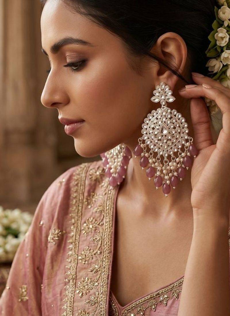   Gold Plated Traditional Kundan Pearl Chandbali Earrings For Wo  And Girls