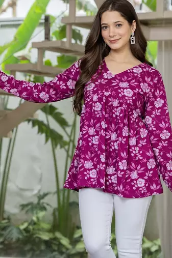 Purple floral printed cotton tunic short kurti top for women