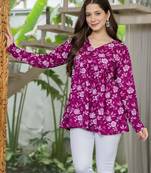Purple floral printed cotton tunic short kurti top for women