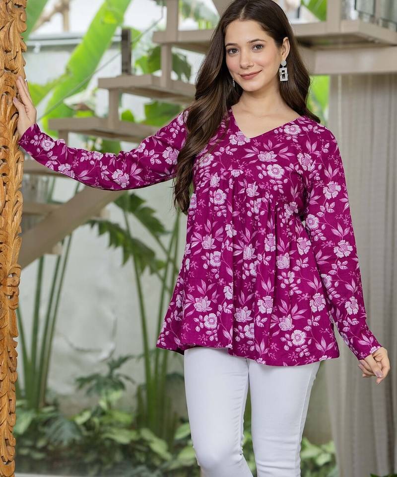 Purple floral printed cotton tunic short kurti top for women