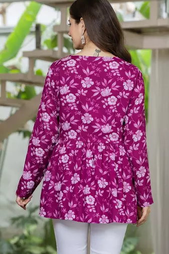 Purple floral printed cotton tunic short kurti top for women