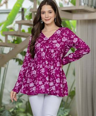 Purple floral printed cotton tunic short kurti top for women 3