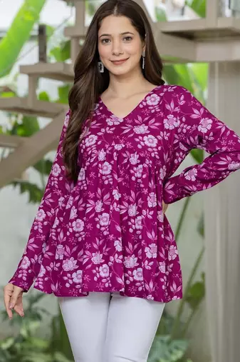 Purple floral printed cotton tunic short kurti top for women