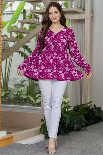 Purple floral printed cotton tunic short kurti top for women