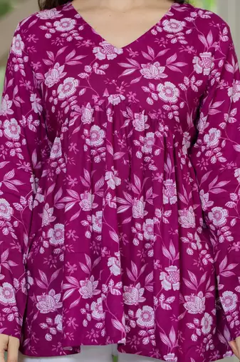 Purple floral printed cotton tunic short kurti top for women