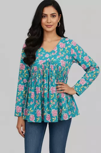 Teal floral printed cotton tunic short kurti top for women